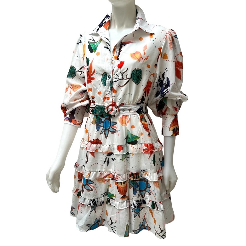 BEULAH Tiered Mini Dress Bishop Sleeves Novelty Print Boho Maximalist Sz‎ L NWOT
